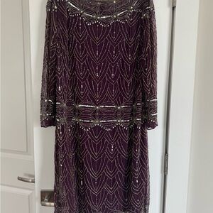 Pisarro Nights Plum Beaded Long-Sleeve Midi Dress